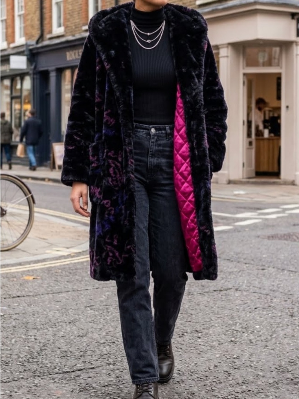 Lux Faux Fur Long Coat with Fuchsia Quilted Lining